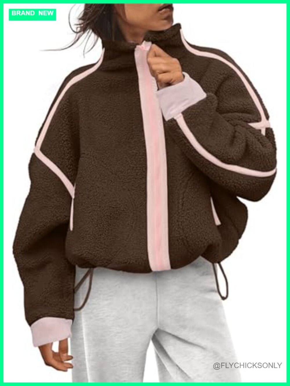 Women's Cropped Sherpa Fleece Jacket Zip Up Long Sleeve Coat